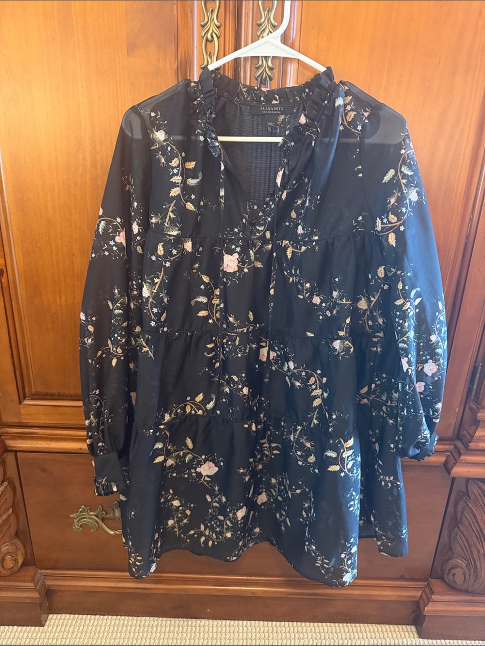 AllSaints Black Floral Ruffle-Tiered Tunic Jacket